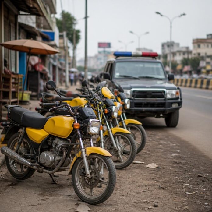 Moto-taxis alignés sur une avenue de Kinshasa lors d'un contrôle policier
