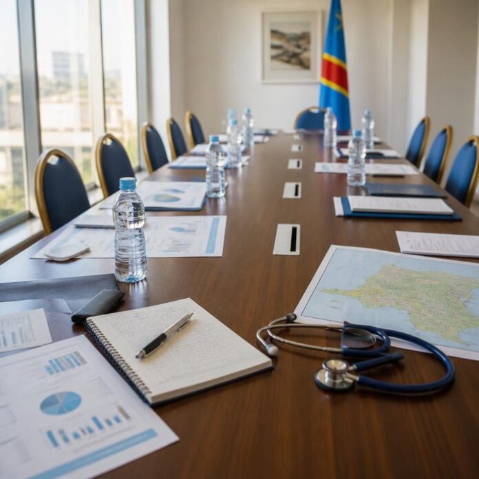 Table de réunion à Kinshasa avec documents de santé et participants préparant le CPF 2027-2036