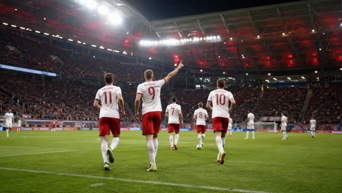 Pelouse de football allemande sous les lumières du soir