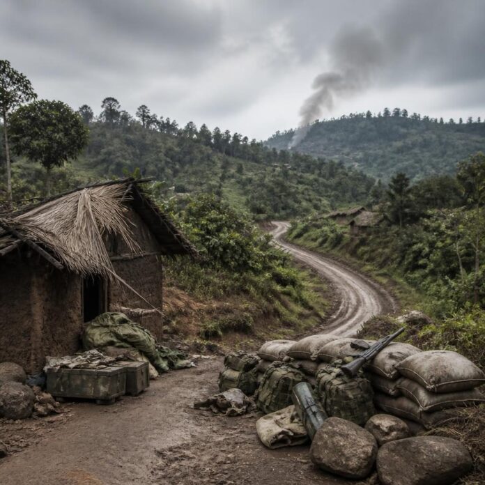 Collines verdoyantes et route de terre dans les hauts plateaux du Sud-Kivu, avec fumée au loin et équipements militaires près