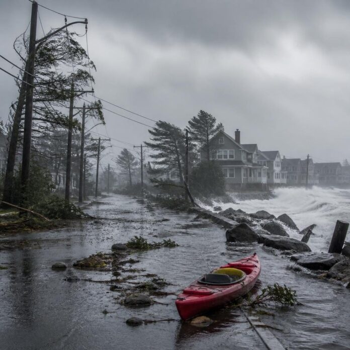 Rue résidentielle inondée sous une pluie battante, branches arrachées et mer démontée sur la côte du nord-est des États-Unis