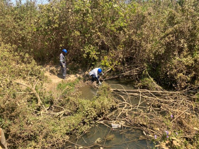 Rivière Ngomamba à Tshela avec une usine de noix de palme et des fumées en arrière-plan