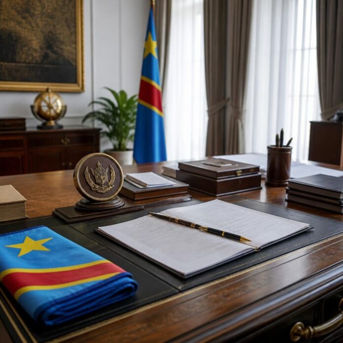 Félix Tshisekedi signant l'ordonnance créant le Comité d'organisation du Dialogue national dans un bureau officiel à Kinshasa
