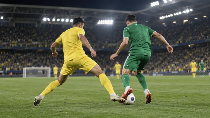 Action de football dans un stade espagnol