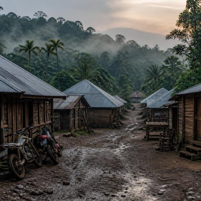 Village rural isolé à Walikale, Nord-Kivu, avec cases en matériaux locaux, chemin de terre et forêt dense sous un ciel couvert