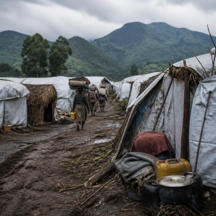 Familles déplacées dans des abris de fortune à Kyumba, territoire de Walikale, après avoir fui les combats à Masisi