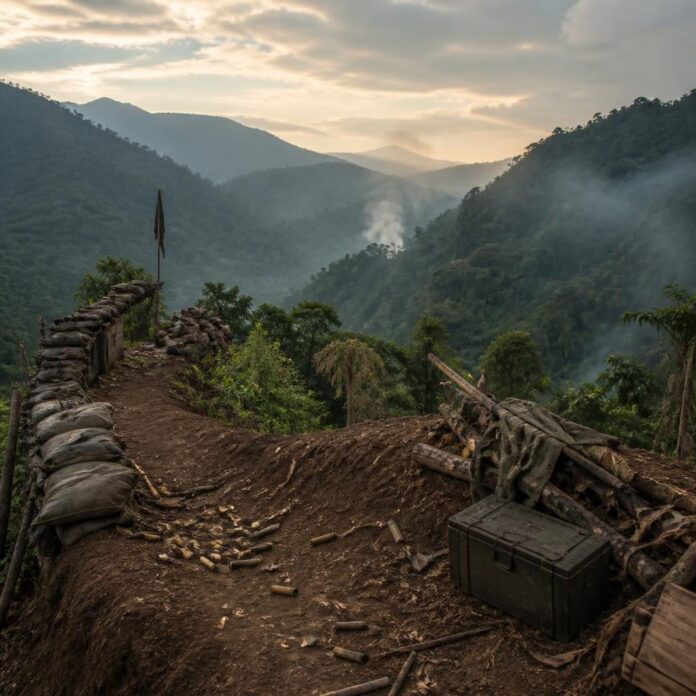 Vue d’une position stratégique en zone forestière à Mindjendje, Walikale, après des combats entre les FARDC, les wazalendo et l’AFC/M23