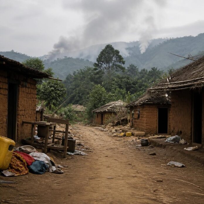 Habitations abandonnées dans les collines de Walikale, Nord-Kivu, après des bombardements