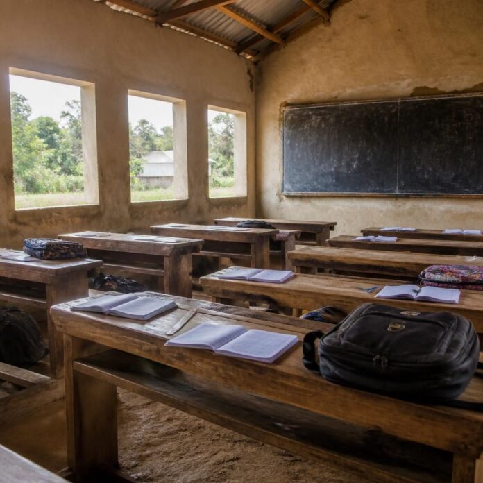 Salle de classe avec pupitres en bois, cahiers et tableau dans une école du groupement Walowa-Yungu