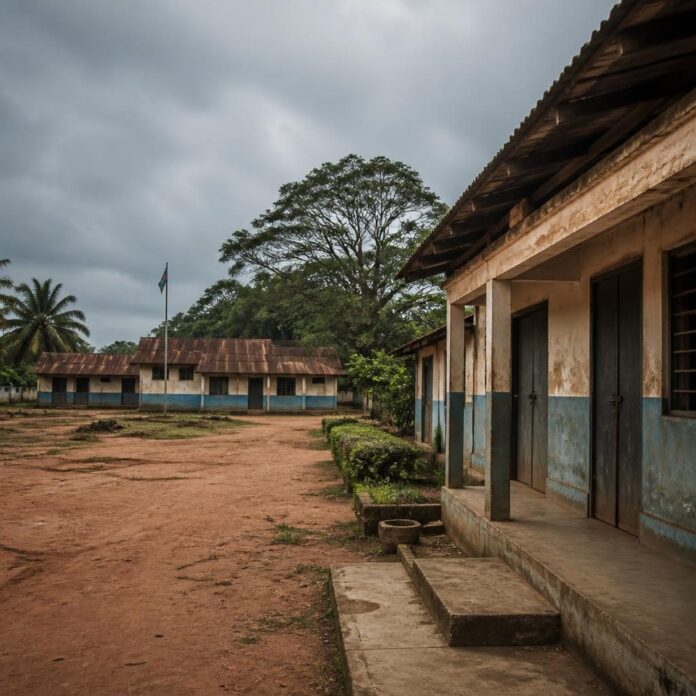 Cour d'école avec bâtiments anciens aux murs bleus et blancs sous un ciel nuageux