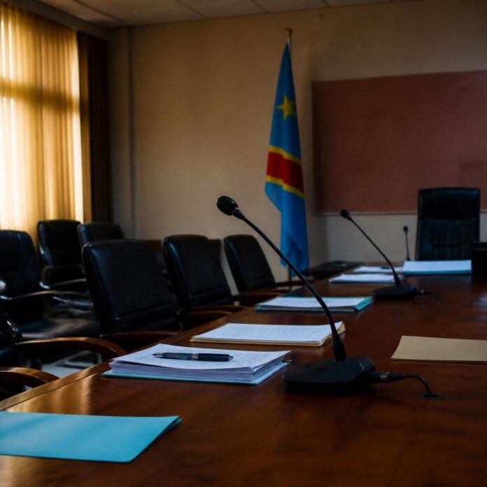 Micros et documents sur une table dans une salle de conférence à Kinshasa, évoquant un débat politique