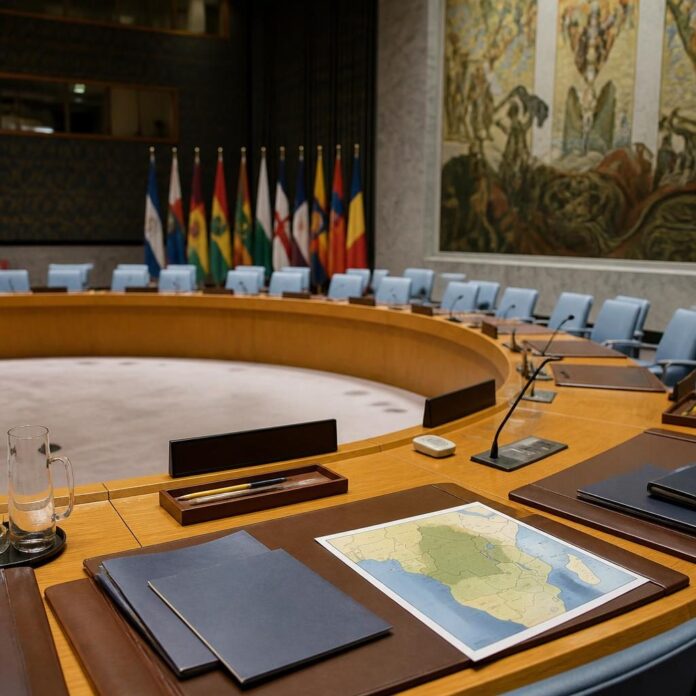 salle de réunion diplomatique avec table incurvée, sièges bleus, microphones et drapeaux officiels