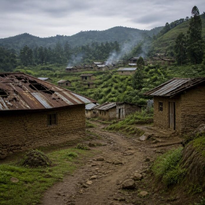 Village rural de Vyanze, dans le territoire de Lubero, avec des collines et des habitations en matériaux locaux, sous un ciel nuageux