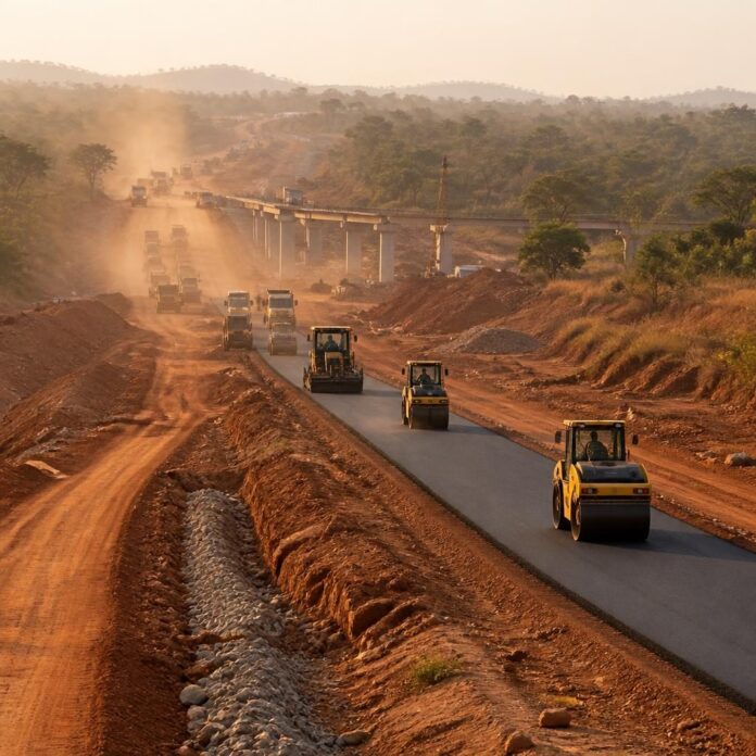 Tronçon de la route Kananga-Kalamba Mbuji en travaux, engins de terrassement et ouvriers sur un axe latéritique