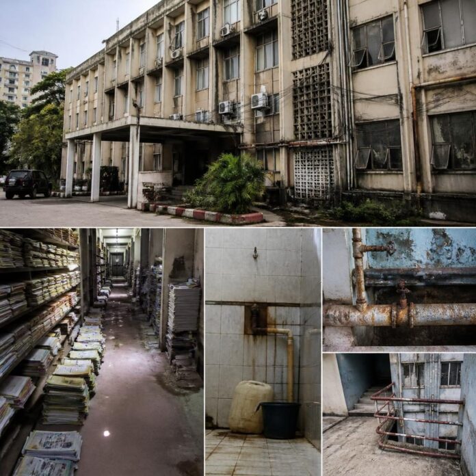 collage d'images montrant un bâtiment usé, des piles de documents, des tuyaux rouillés et des espaces intérieurs délabrés