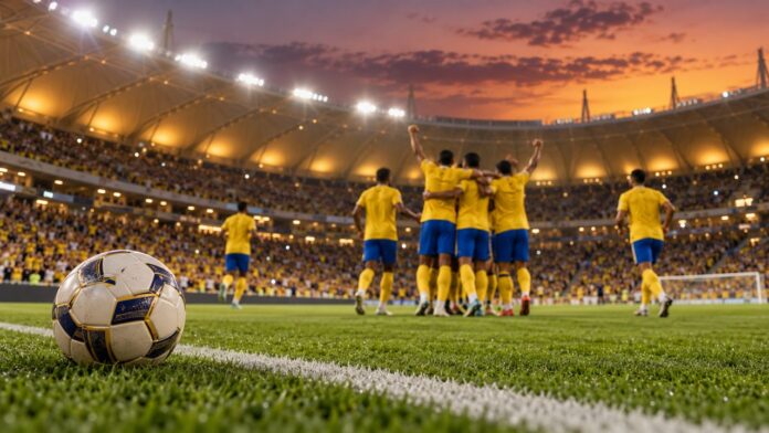 Illustration éditoriale neutre d’une célébration de football dans un stade nocturne