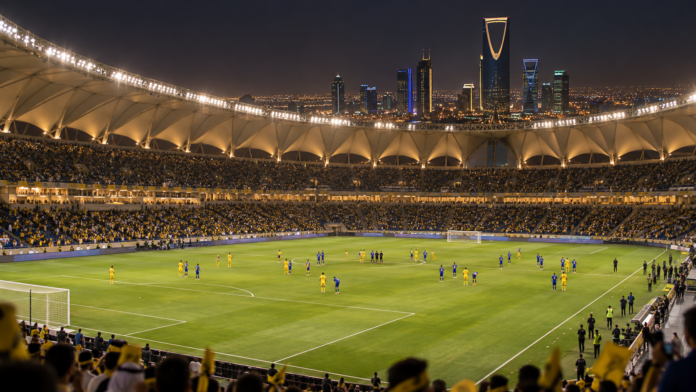 Illustration neutre d'un match de football nocturne dans un stade moderne