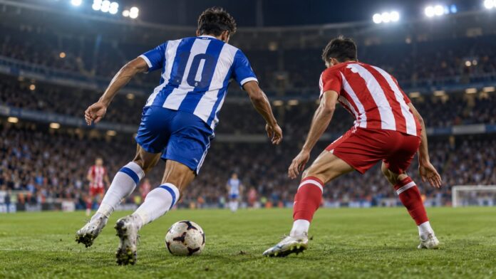 Illustration éditoriale neutre d’une action de football espagnol sous les projecteurs