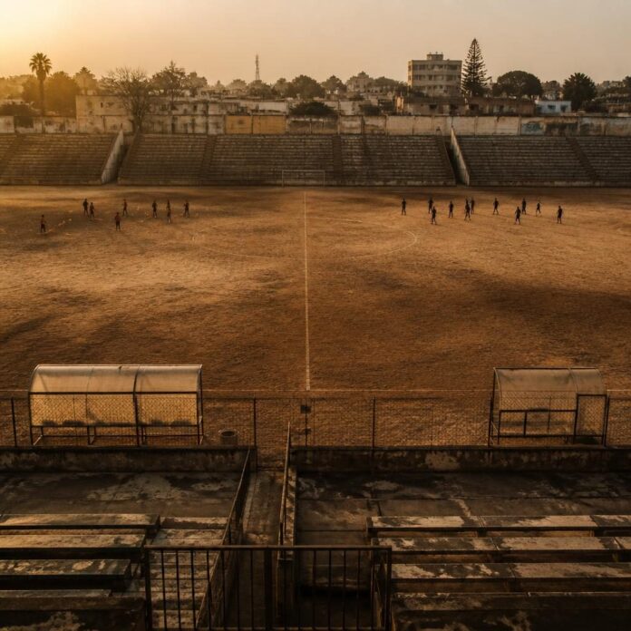 Deux groupes de joueurs de football s'entraînant séparément sur un terrain en terre à Kinshasa
