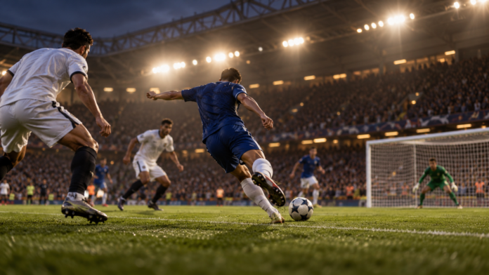 Illustration neutre d'une action de football dans un stade anglais en soirée