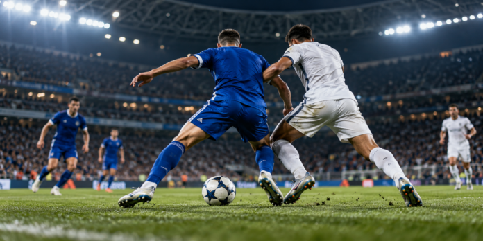 Illustration neutre d'un duel de football européen au milieu de terrain