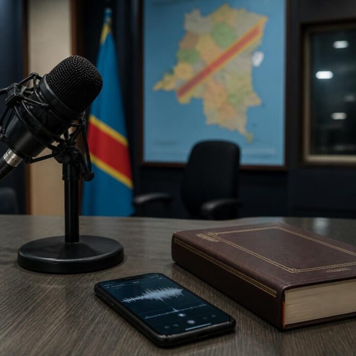 microphone, téléphone avec onde sonore à l'écran, livre sur une table, drapeau et carte en arrière-plan flou