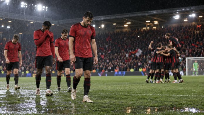 Illustration éditoriale neutre d'un match européen disputé sous la pluie