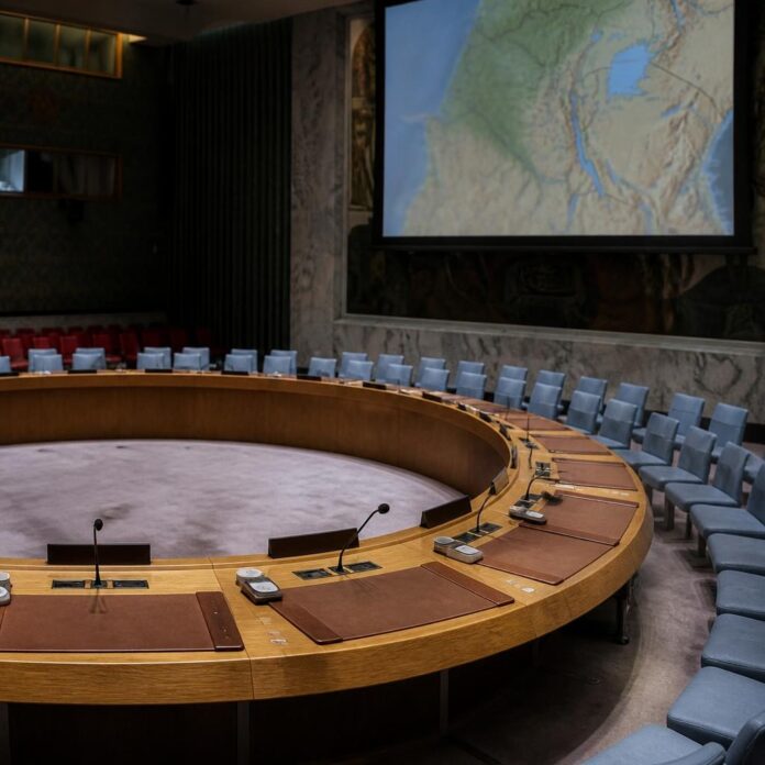 Salle du Conseil de sécurité de l’ONU avec table en fer à cheval, micros et carte de l’est de la RDC en arrière-plan