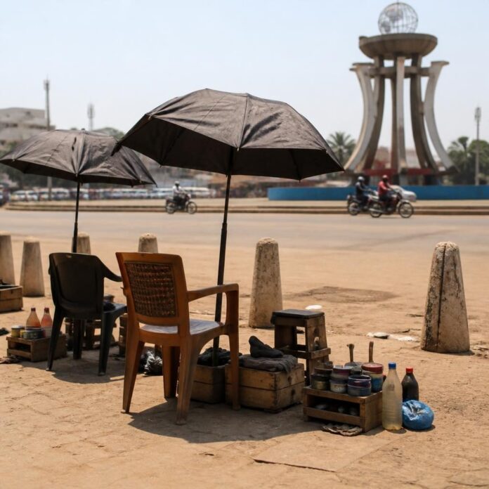 Des jeunes assis avec des brosses et des boîtes de cirage le long d'une avenue poussiéreuse à Kinshasa, sous des parasols