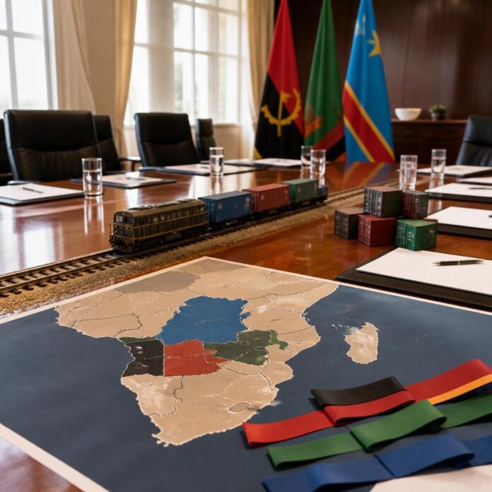 Salle de conférence à Lusaka avec carte du corridor de Lobito, documents et symboles ferroviaires