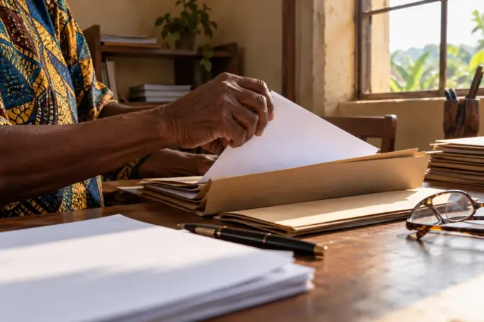Mains d’une personne âgée classant des papiers dans des chemises sur un bureau, avec des lunettes et un stylo.