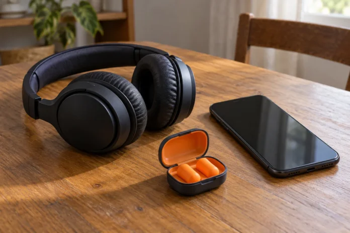 Casque audio, bouchons de protection auditive et téléphone à écran éteint sur une table.
