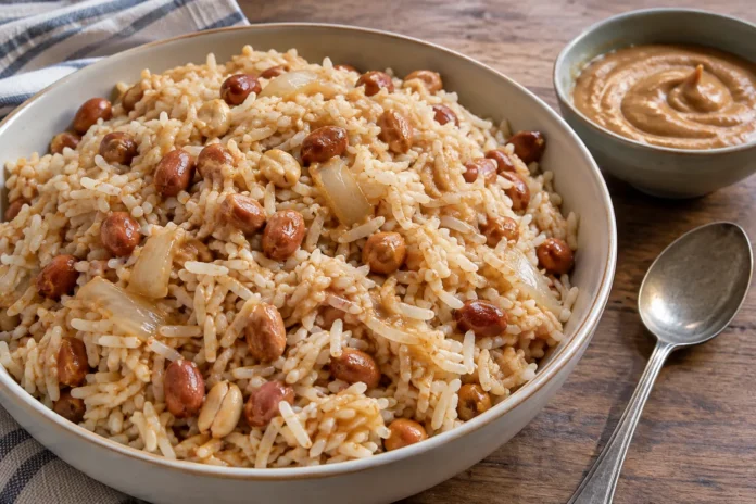 Plat de riz aux arachides légèrement enrobé de sauce beige, avec un petit bol de pâte d’arachide à côté.