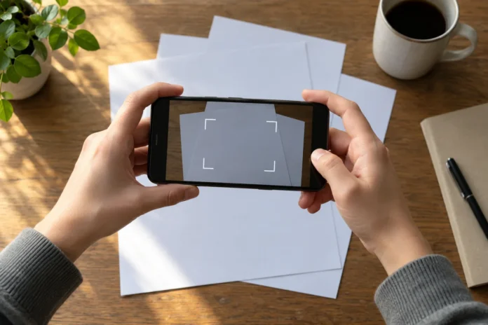 Smartphone placé au-dessus de feuilles sur une table pour illustrer la numérisation d’un document.