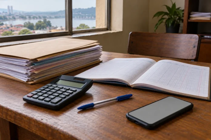 Dossier de papiers, carnet, calculatrice et smartphone disposés sur un bureau.