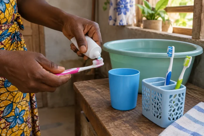 Mains d’un adulte déposant du dentifrice sur une petite brosse, près de brosses rangées séparément et d’un gobelet.