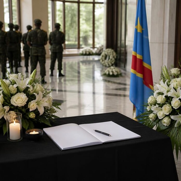une table noire avec un livre blanc ouvert et un stylo, bougies et bouquets de fleurs blanches, drapeau à droite, soldats debout en