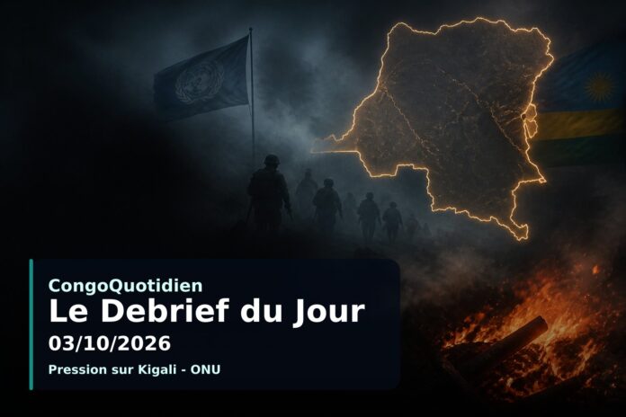 Illustration du débrief du 3 octobre 2026 : drapeau de l'ONU, carte de la RDC, bateaux de pêche et fumée d'incendie