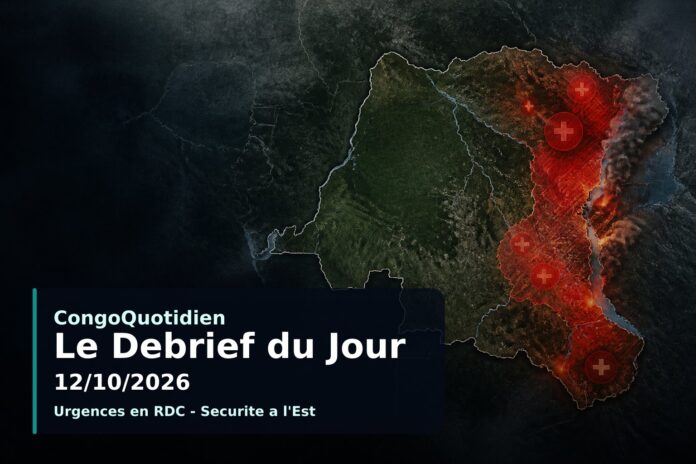 Illustration du débrief du 12 octobre 2026 : carte de la RDC avec points chauds sécuritaires et sanitaires