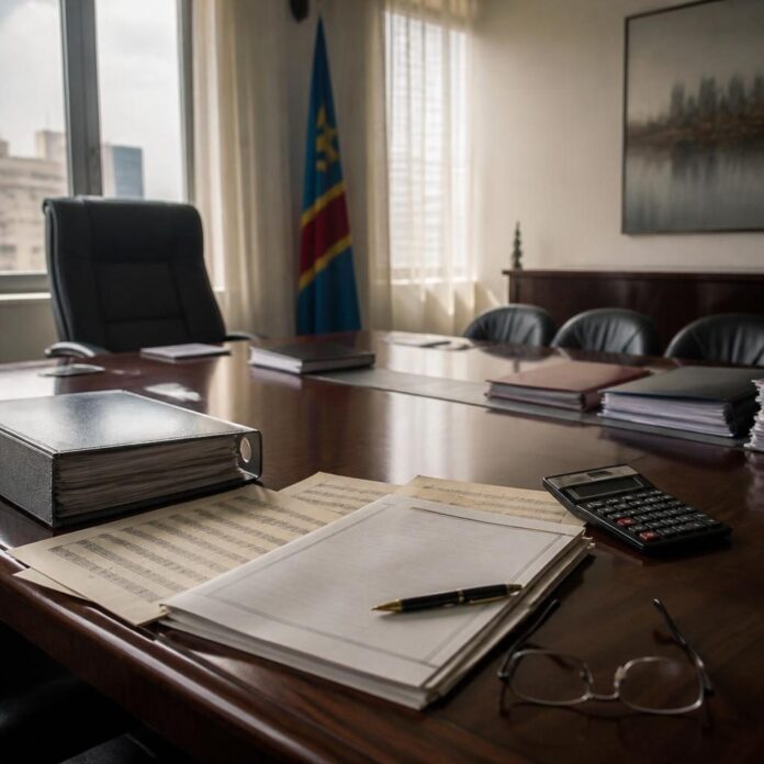 Salle de réunion à Kinshasa avec dossiers financiers, contrat et documents SONECA sur une table
