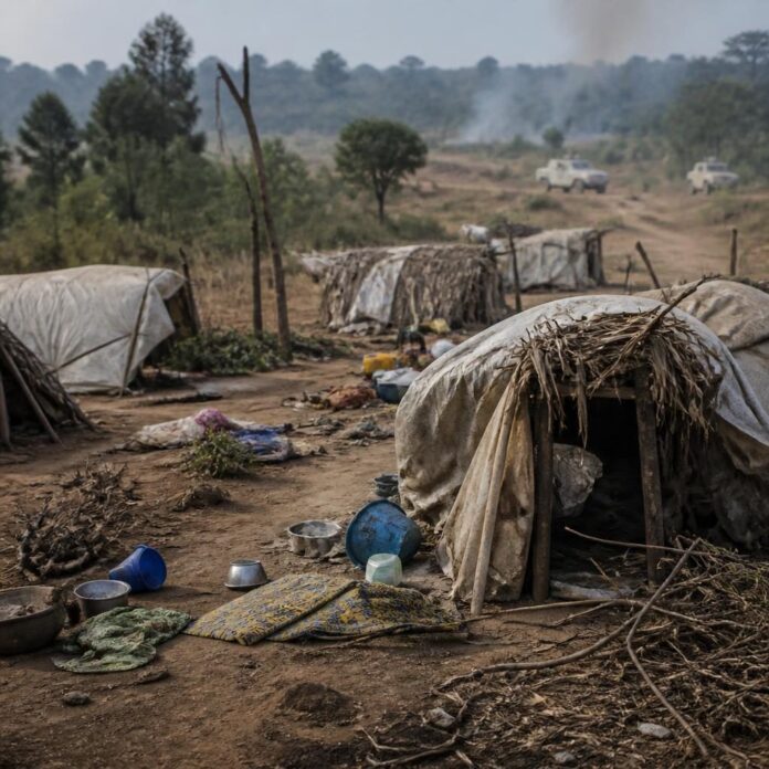 Abris de fortune et effets abandonnés dans un site de déplacés en Ituri, avec des habitants en mouvement après une attaque armée