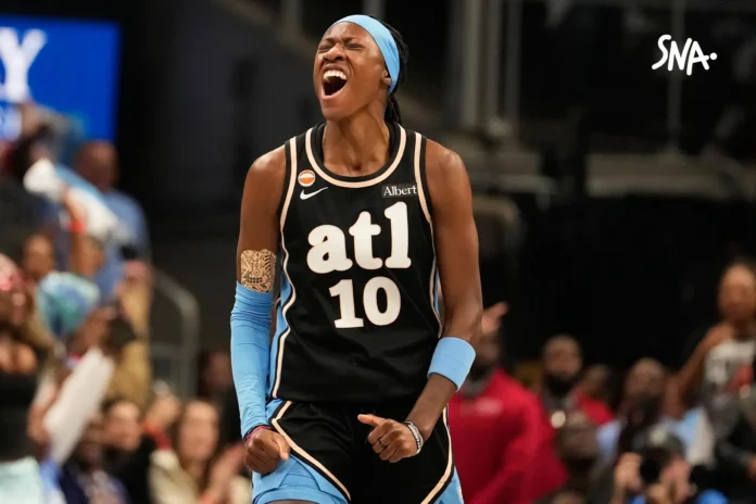 Illustration editoriale accompagnant : Finale WNBA : Reese porte Atlanta à 2-1 face à Golden State