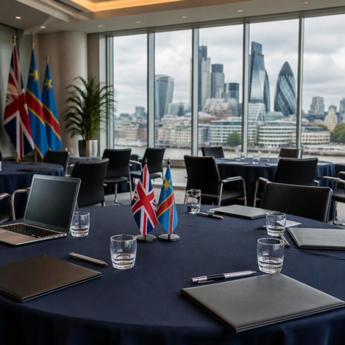 Tables de conférence avec dossiers d’investissement, ordinateurs et vue sur la skyline de Londres, sans personnage reconnaissable