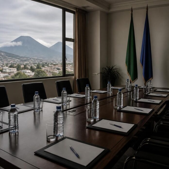 Salle de réunion à Goma avec une longue table, des chaises, des carnets et des bouteilles d’eau, dans un climat de négociation diplomatique