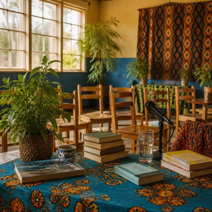 Salle du Foyer culturel de Goma lors d’un café littéraire, avec des livres exposés et un public attentif