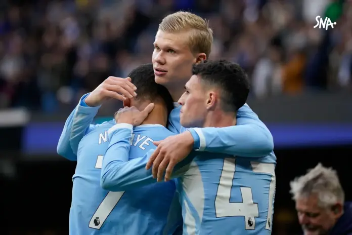 Illustration editoriale accompagnant : Haaland double, City s'impose dans la douleur