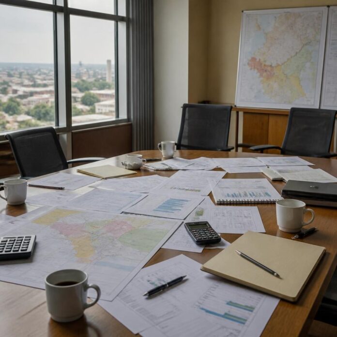 Table de travail à Lubumbashi avec documents sur le Code minier, cartes minières et graphiques de recettes publiques