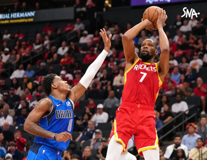 Illustration editoriale accompagnant : Houston bat Dallas 128–110, Durant et Smith à 30 points
