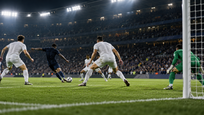 Illustration neutre d'une action décisive de football européen dans la surface