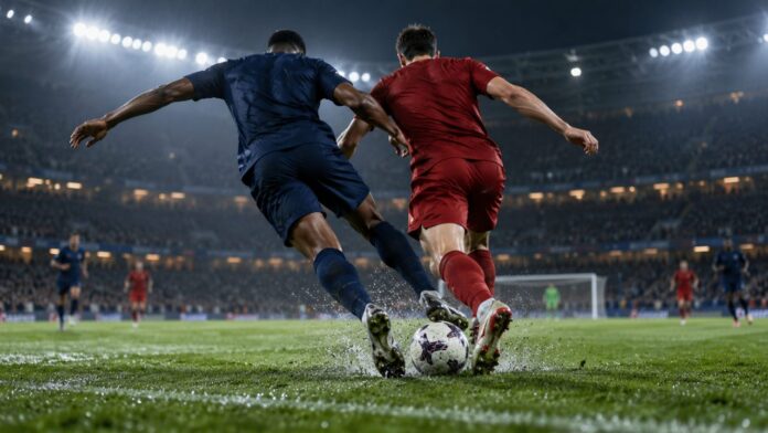 Illustration éditoriale neutre d’un duel de football sous les projecteurs